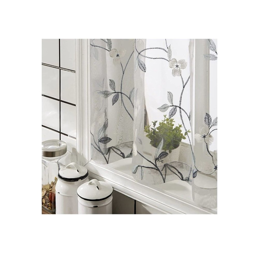 MRTREES Gray Sheer Floral Embroidery Tier Curtains 24” 2 panels